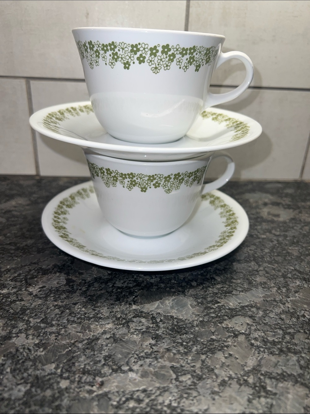 Vintage Corelle CRAZY DAISY or SPRING BLOSSOM cup and saucer set. Green & white